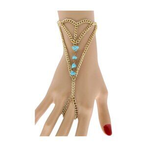 Women Gold Metal Hand Chain Bracelet Ring Connected Turquoise Blue Color Beads